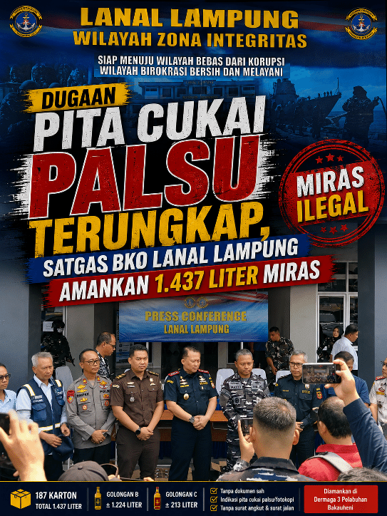 Dugaan Pita Cukai Palsu Terungkap, Satgas BKO Lanal Lampung Amankan 1.437 Liter Miras
